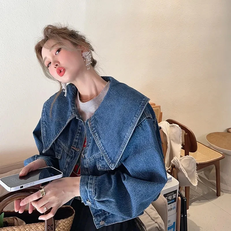 Women Cropped Denim Jacket Oversized Sailor Collar Long Sleeve Button Down Blue Jean Coat Y2K Retro Preppy Streetwear Outerwear