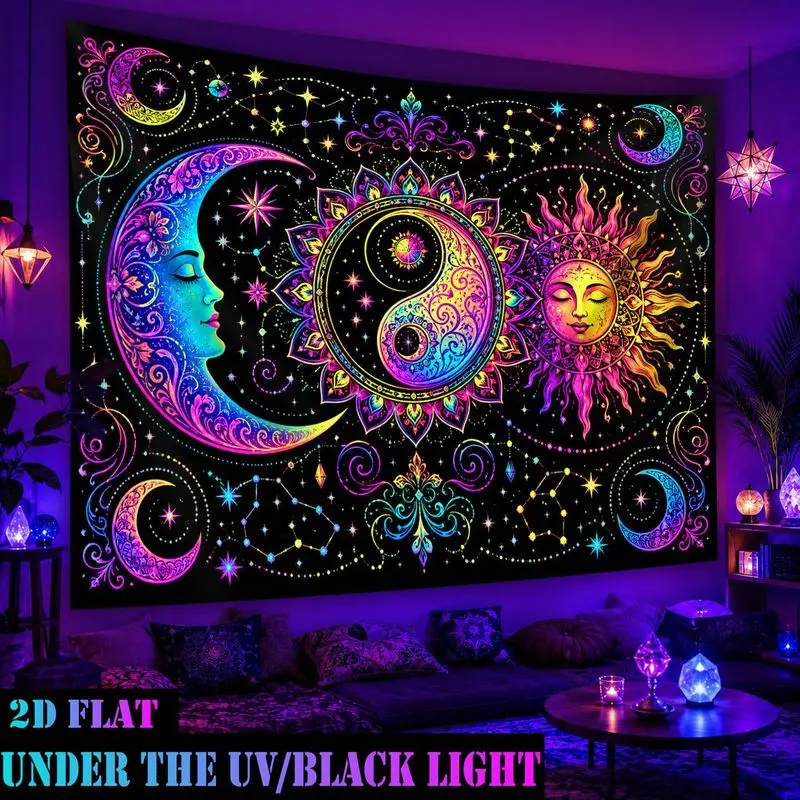 VIKAMA Sun Moon Yin Yang Tapestry Blacklight UV Glow Psychedelic Mystical Wall Hanging for Bedroom Dorm Party Room Decor