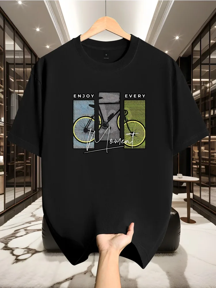 Mens Summer Crew Tee Bicycle Enjoy Every Moment Graphic Print Loose Short Sleeve Streetwear Casual Dark Grey Top For Men