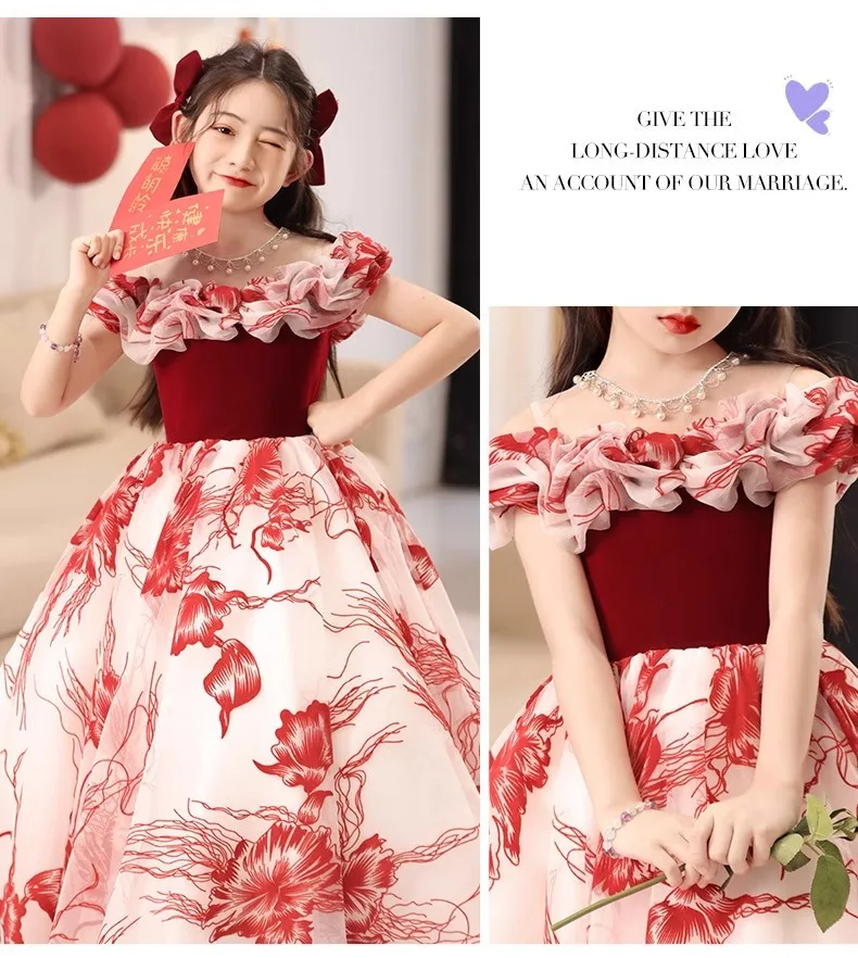 Mädchen Kleid Prinzessin Kleid kleines Mädchen Geburtstags feier Blume Kind Hochzeit Kinder Laufsteg Pompadour Kleid – Detail 5