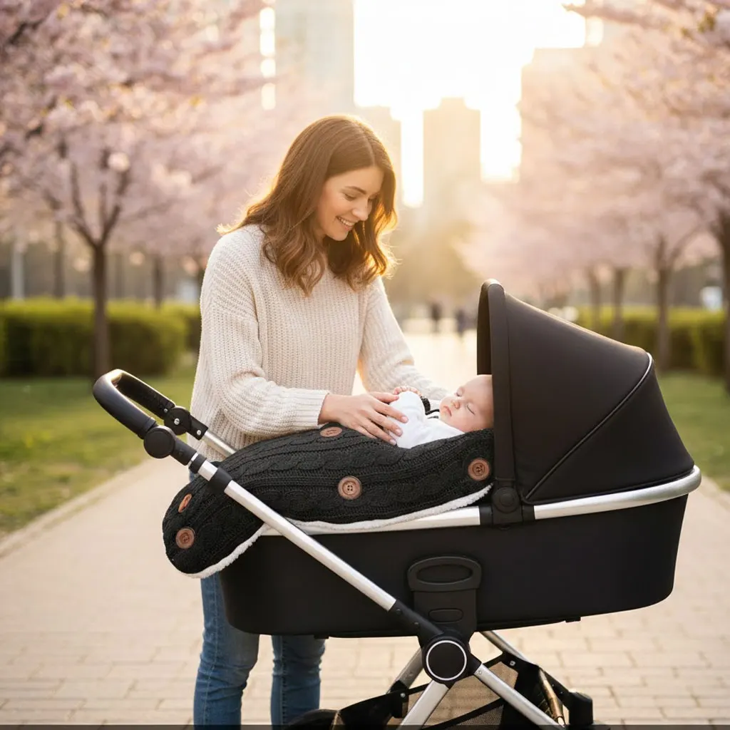 

Вязаный спальный мешок-кокон для детской коляски на все сезоны, на флисовой подкладке, с толстыми вязаными вставками и креплением на кнопки