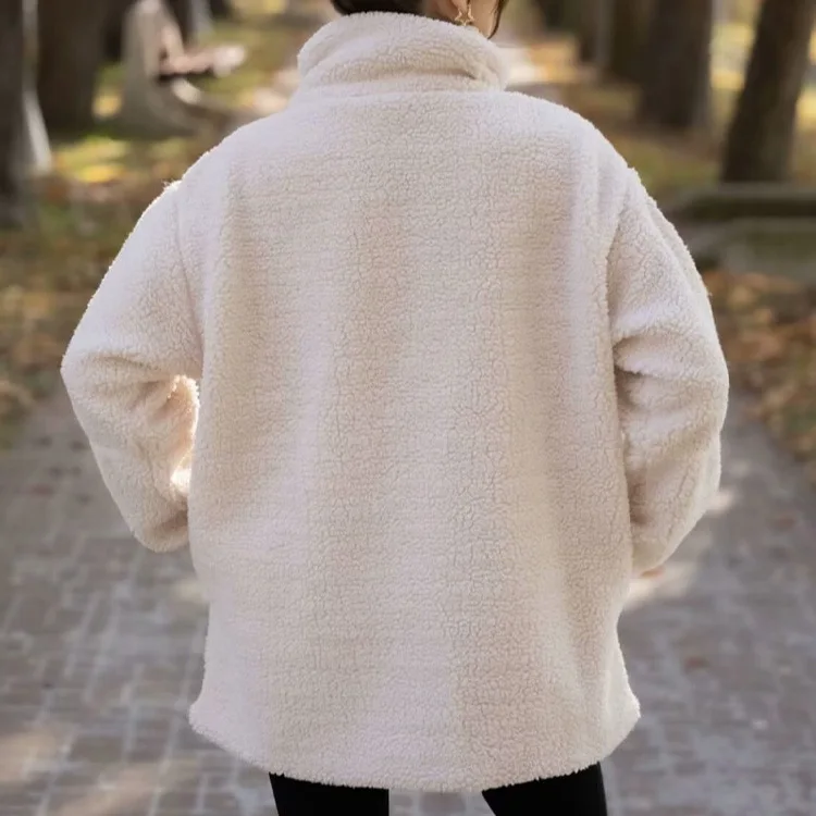 Witte Mode Rits Lamswollen Jas voor Vrouwen Chique Revers Lange Mouw Losse Cropped Jas Vrouwelijke Herfst Winter Casual Uitloper 2025