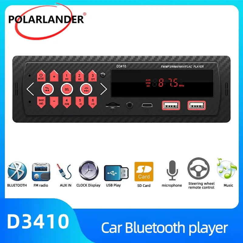 1 Din Car Radio Receiver In-dash Hands-Free Bluetooth Car Stereo Mp3 Player TYPE-C/2USB/AUX/TF