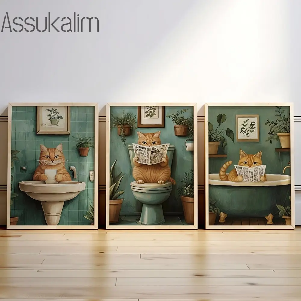 Green Plant Art Poster Cat Reading Newspaper in Bathroom Canvas Painting Potted Plant Wall Prints Living Room Decor No Frame