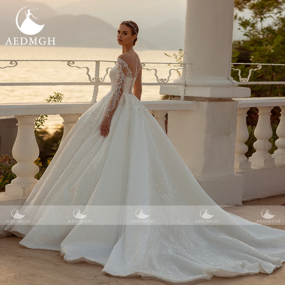 فساتين زفاف فاخرة ملكية من Aedmgh 2023 على شكل قلب وأكمام طويلة من Vestido De Novia مطرزة لامعة أنيقة رداء De Mariee