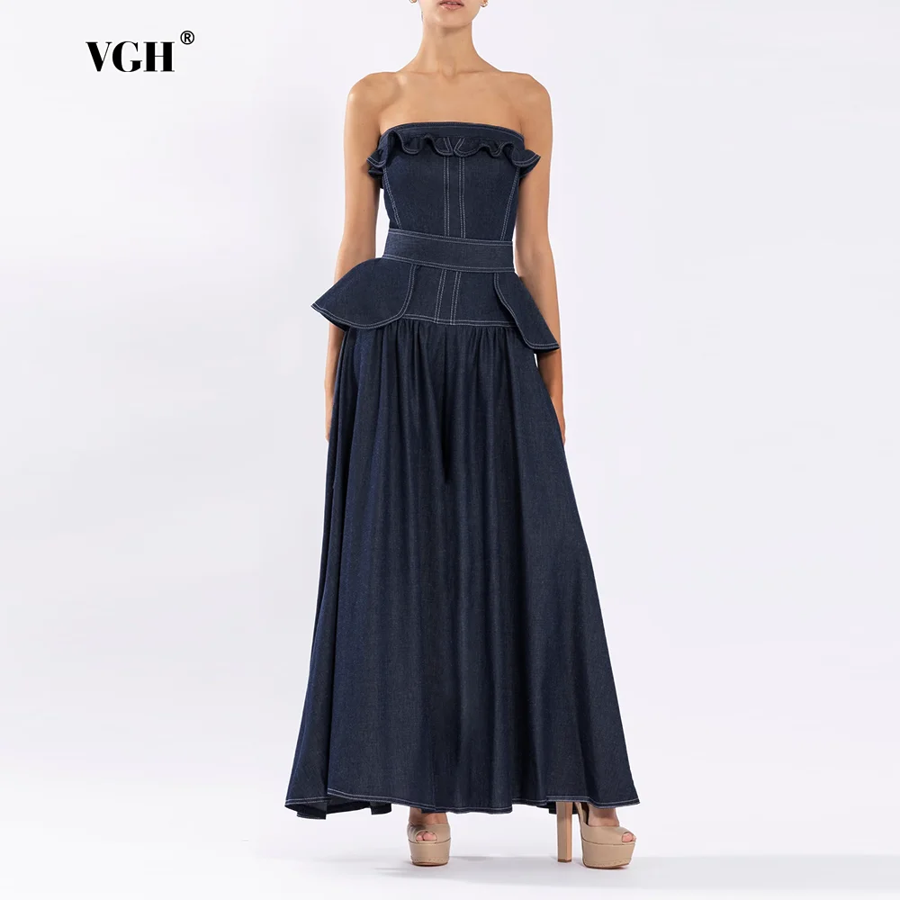 

VGH Blue Color Pleated Long Dress For Women Strapless Sleeveless High Waist Spliced Zipper Slimming Dress Female Fashion Style