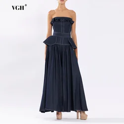 VGH Blue Color Pleated Long Dress For Women Strapless Sleeveless High Waist Spliced Zipper Slimming Dress Female Fashion Style