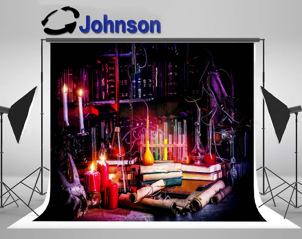 JOHNSON Fantasy Chemist Medieval Alchemist Laboratory. . Fairytale Interior. background Computer print Halloween backdrops