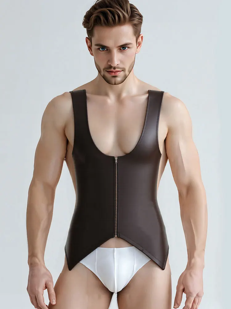 

Fashion Cloth Latex Men's Vest Deep V Neck PU Shiny Nightclub Stage Tops Sexy Tights Sleeveless T-shirts Streetwear Tank Tops