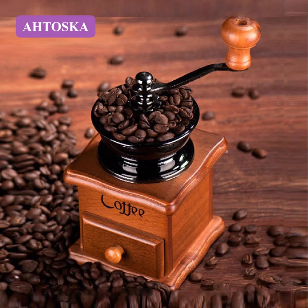 

AHTOSKA-Hand Retro Manual Coffee Grinders, Ceramic Wood, Metal Bean Machine, Household Food Mill, Cafe Home Kitchen