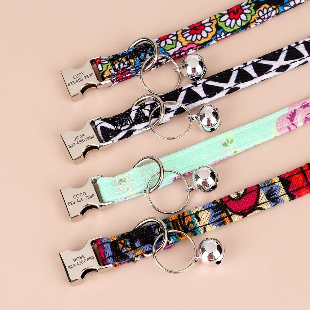 Print Custom Cat Collar Personalized Kitten Cats Collars With Bell Free Engraving Buckle Necklace Adjustable for Cats Small Dogs