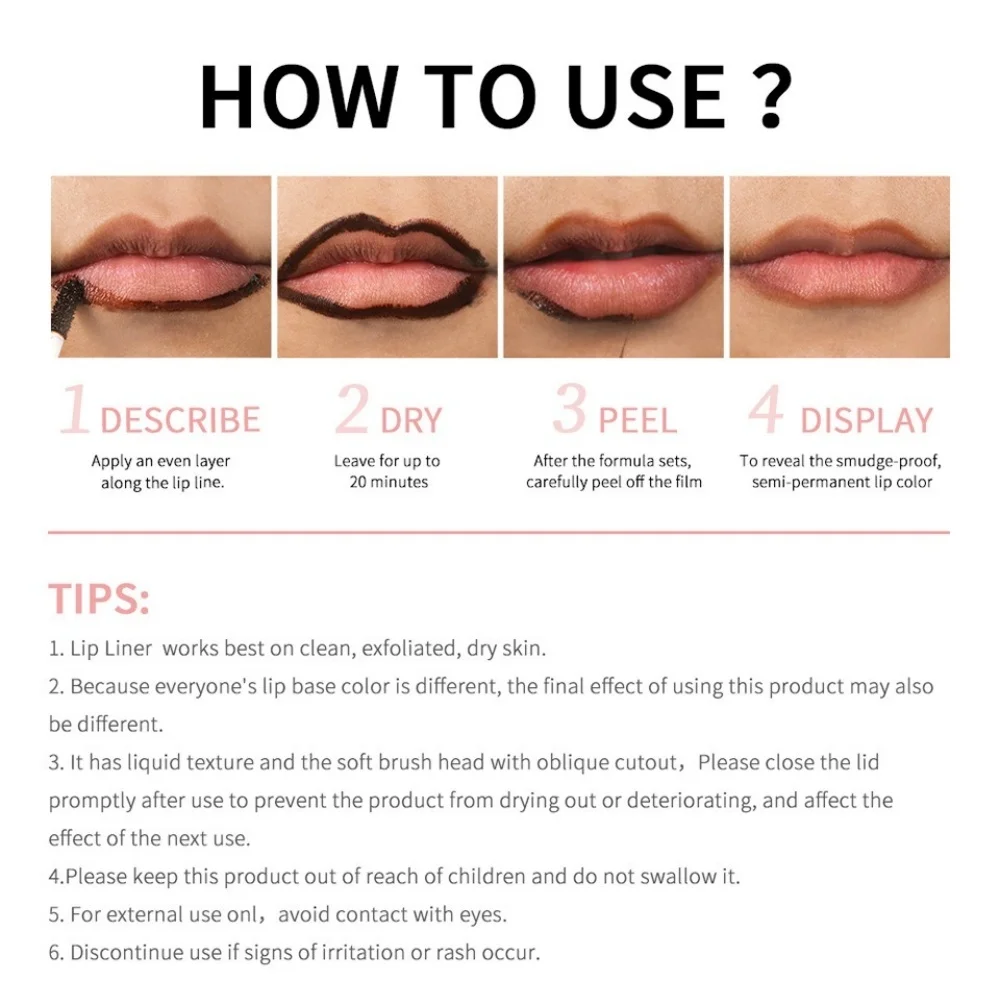 Delineador de labios despegable de larga duración, resistente al agua, tinte de labios, lápiz labial mate semipermanente, maquillaje de contorno de labios para niñas y mujeres