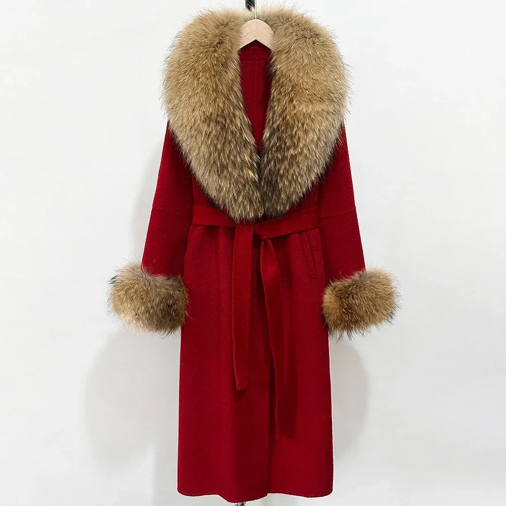 Real Fur Jacket Elegant Warm Woolen Jacket Top Clothes Female Fashion Wool Coat Long Big Fox Fur Cuffs Women Autumn Spring