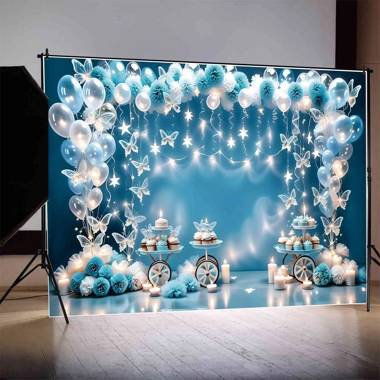 MOON.QG Backdrop Baby Shower Birthday Butterfly Balloon Flower Background for Boy Blue Candy Cart Candle Light Photography Props