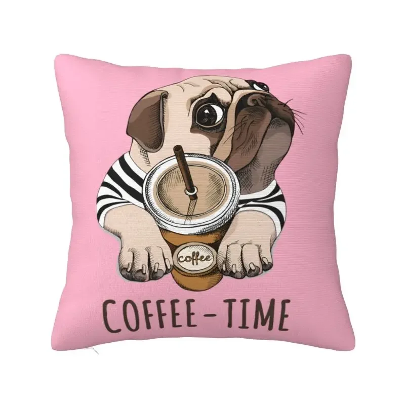 Capa de almofada Coffee Time Pug Dog 40*40cm para sala de estar, capa de almofada de poliéster macio, impressão dupla face