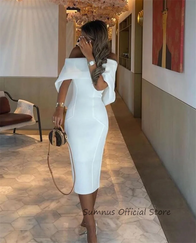 SUMNUS Sexy White Mermaid Evening Dresses Boat Neck Cocktail Party Dress Elegant Solid Off The Shoulder Arabic Gowns Customized