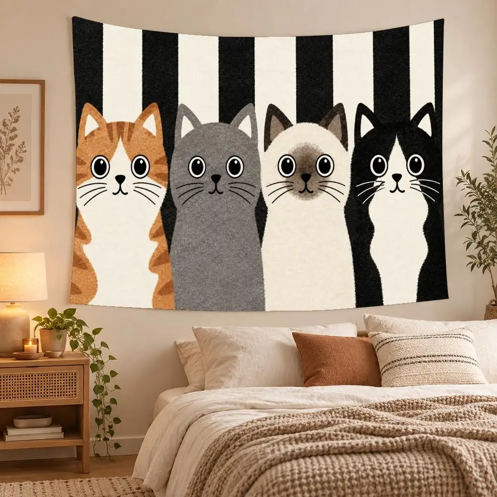 Cute Cats Behind Stripes Tapestry Custom Living Bedroom Party Dormitory Interior Wall Bohemian Decoration Attached Clip