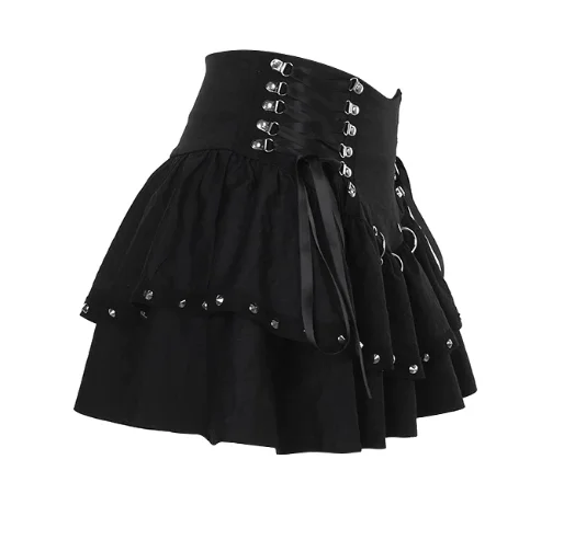 Personality Dark Goth Punk Heavy Industry Rivet Skirts Women Subculture Sexy Lace-up A-line Black High Waist Punk Short Skirt