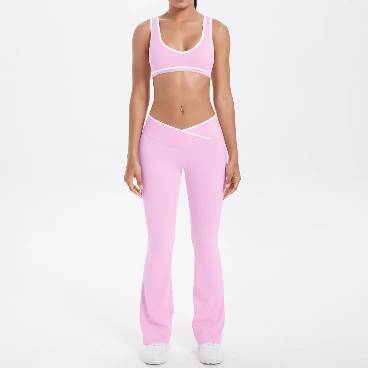 

Women's Yoga Set Double Sided Brushed Contrasting Cross Waist Flared Pants Bra Sports Fitness Tight Fitting Breathable Suit