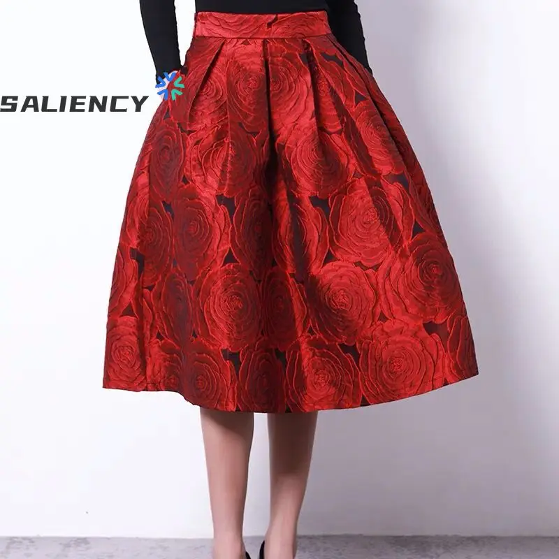 

Юбки SALIENCY с высокой талией, пышные, цвета розовой розы, с цветочным принтом, элегантные, винтажные, длиной до колена, для женщин, оверсайз, модная одежда