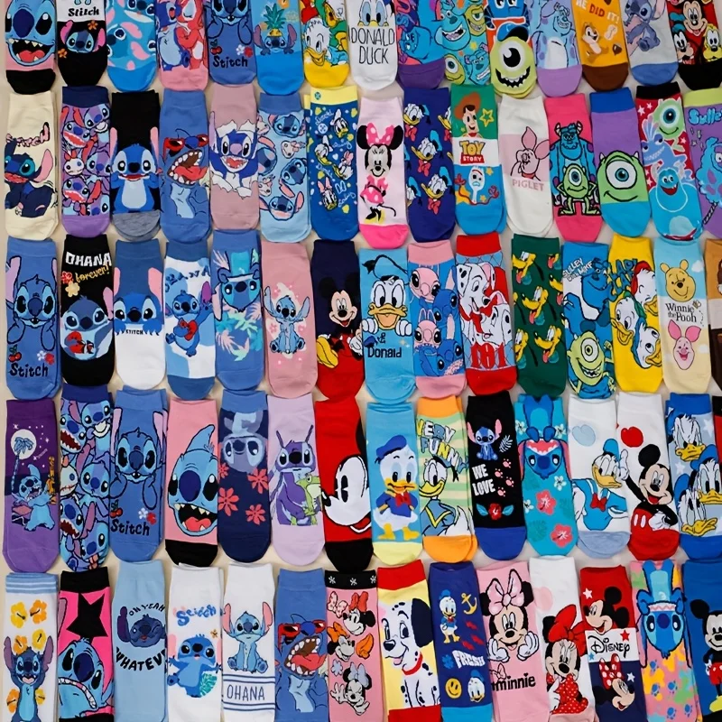 

5/10/15/20 Unisex Disney Cute Cartoon Stitch/Mickey/Minnie/Donald Duck/Series Pattern Versatile Casual Letter Straight Socks