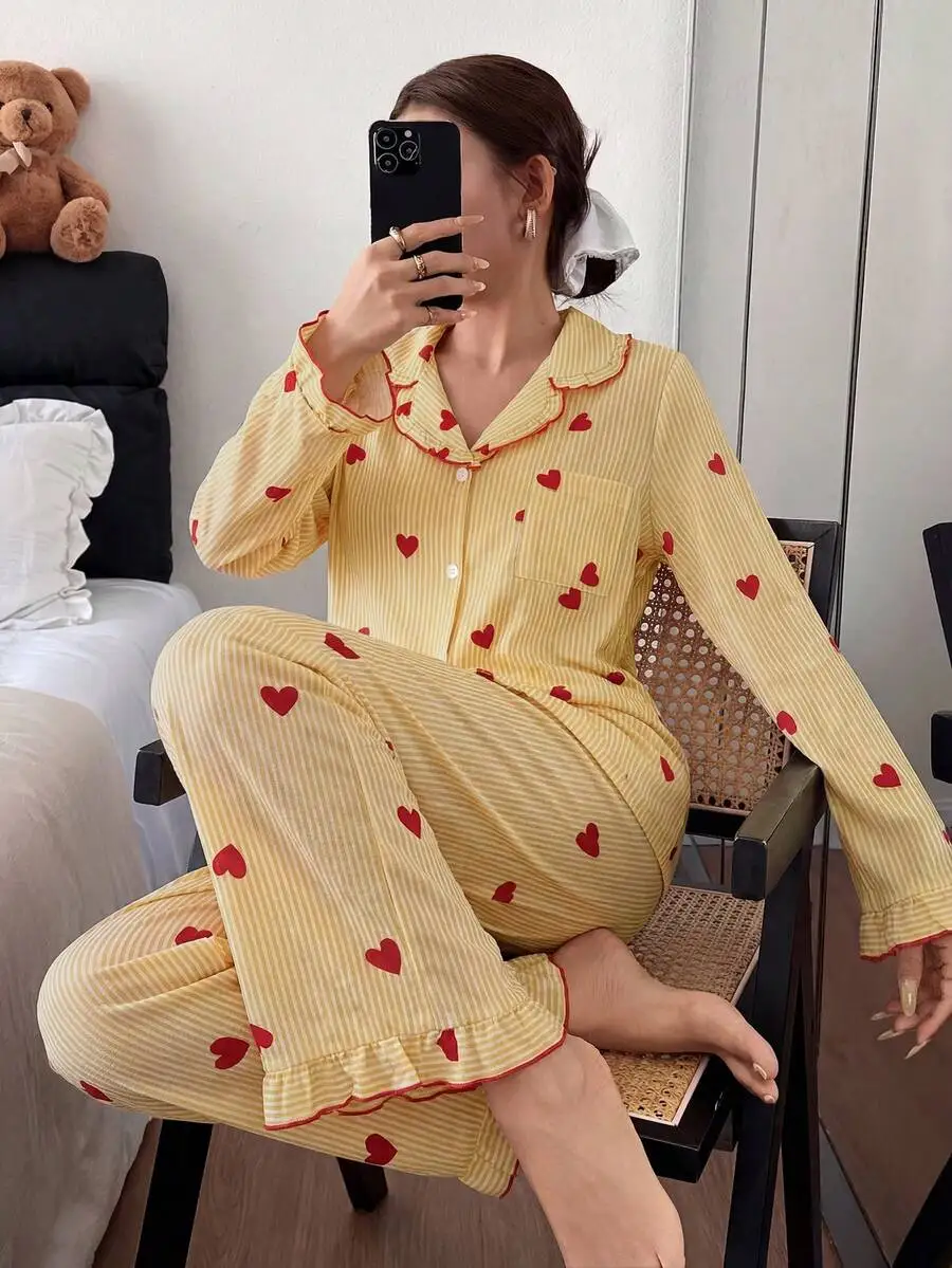 

Heart Print Striped Frill Trim Lapel Pajama Set For Women