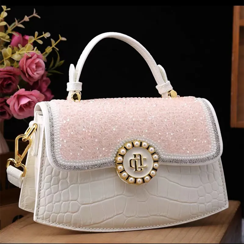 

2025 Luxury Designer High-end Women Diamonds Pearl Handbags Fashion Wedding Bridal Totes Trendy Alligator Pattern Shoulder Bag