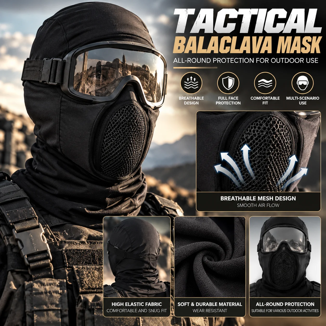 Tactical Balaclava Face Mask Full Head Outdoor Protective Hood Mesh Face Guard Breathable Cover for Training Hiking Cycling Gear
