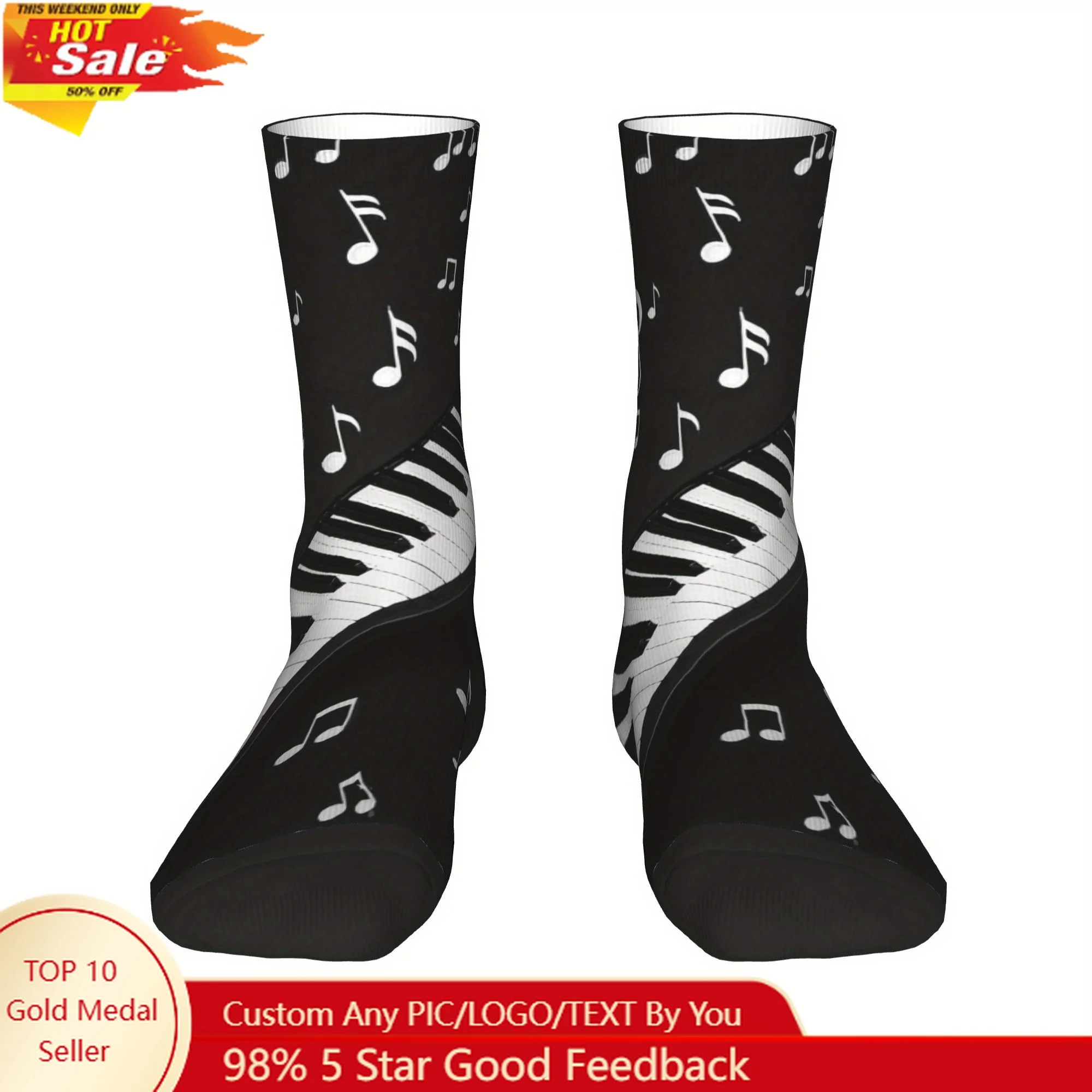 

1 Pair of Piano Note Pattern Socks for Men And Women, 3D Printed Game Music Element Pattern Mid-Tube Socks,