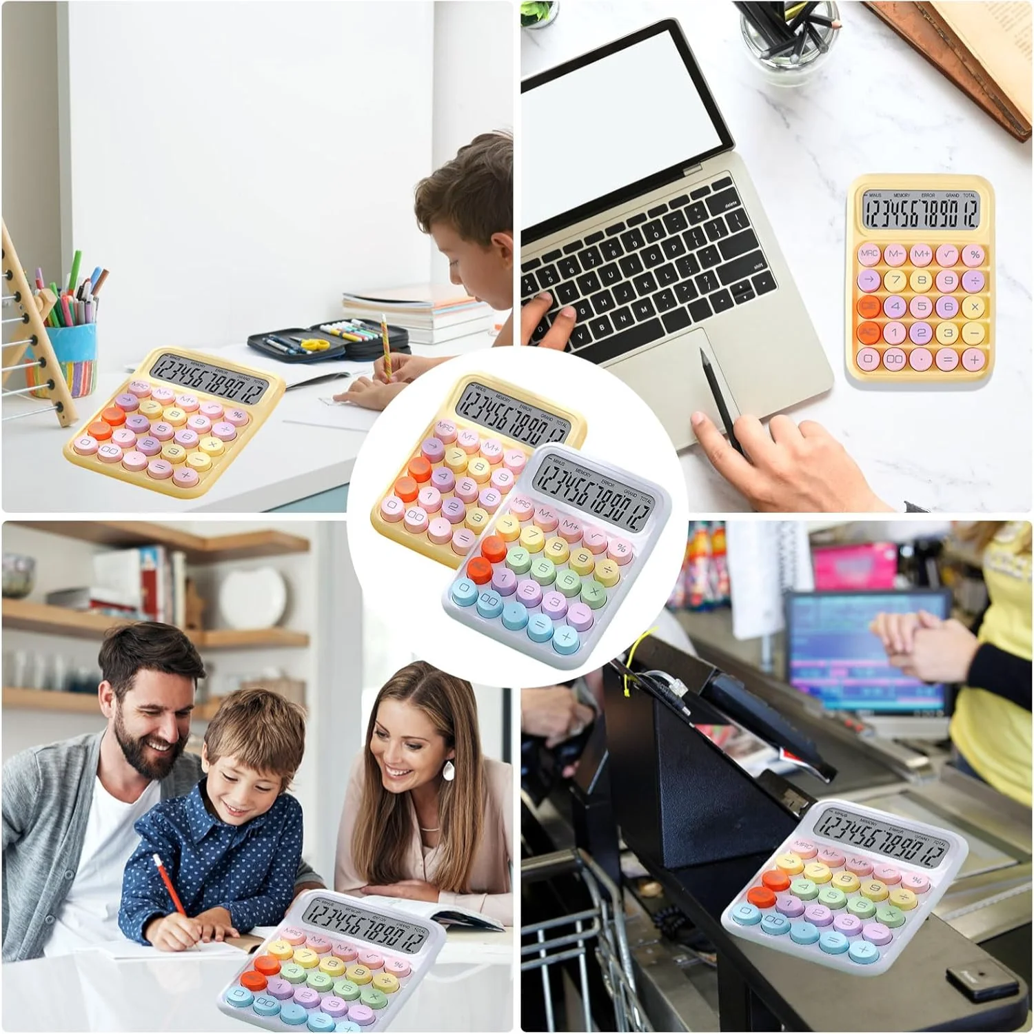 2Pcs Desktop Calculator, Cute Electronic Calculator 12 Digit Large LCD Display, Typewriter- Big Round Buttons Mechanical Key Cal