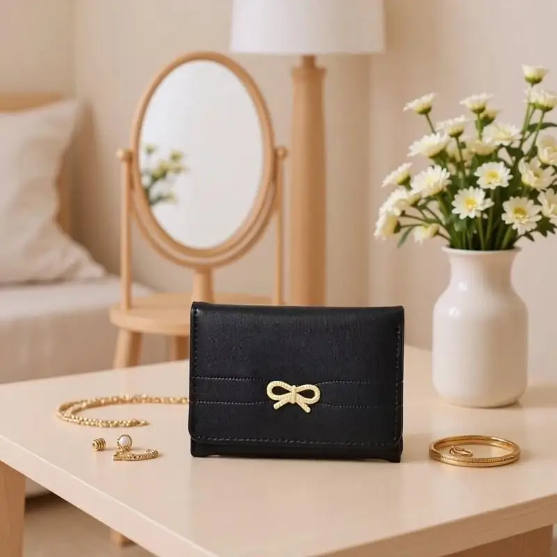 New Minimalist Solid Faux Leather Mini Wallet Golden Bow Decor Multi Card Slots Portable Purse For Daily Daily Carry