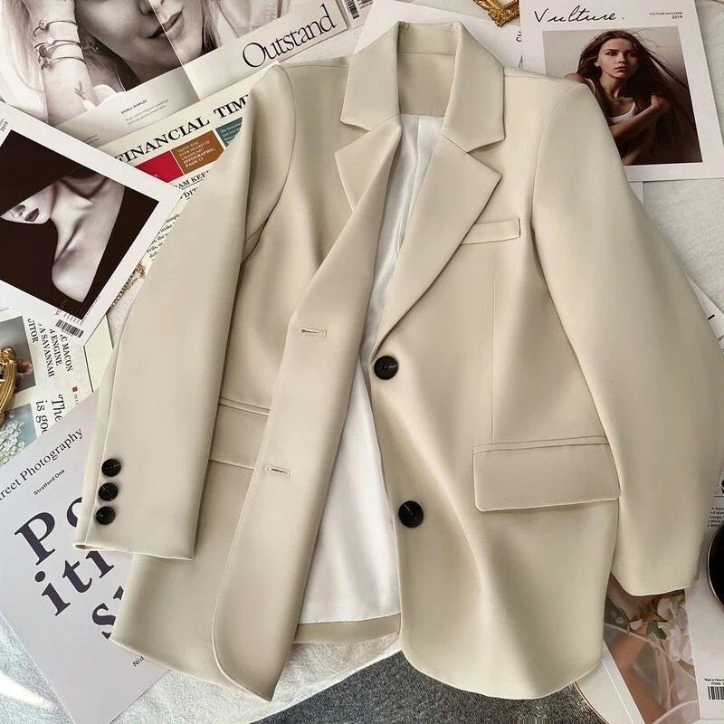 Chaqueta de traje blanca con abertura en la espalda para mujer, Blazer de manga larga con bolsillo coreano, con botones, para oficina, otoño