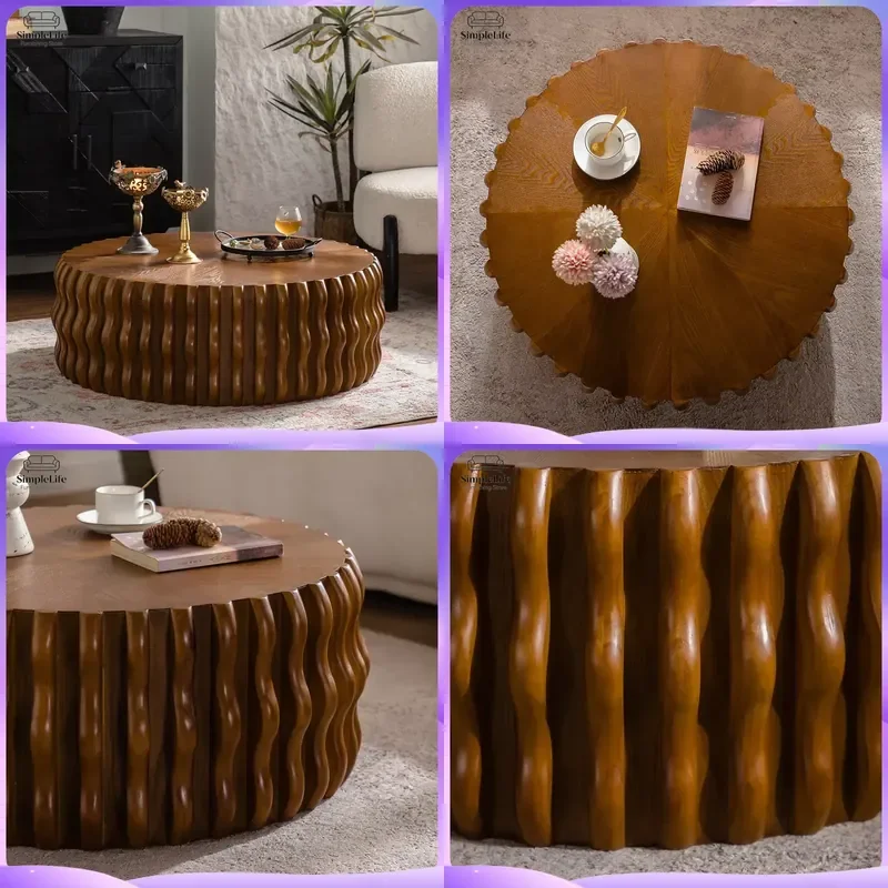 Modern Round Coffee Table 37.4 Inch Wavy Solid Wood MDF Living Room Center Table Drum Shape Grooved Design Apartment