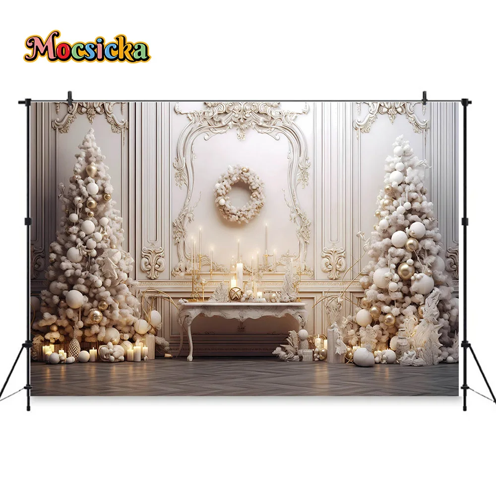 Fondo de Navidad Retro blanco decoración de pared Utilería de Nochevieja árbol de Navidad vela fotografía telón de fondo niño retrato familiar estudio