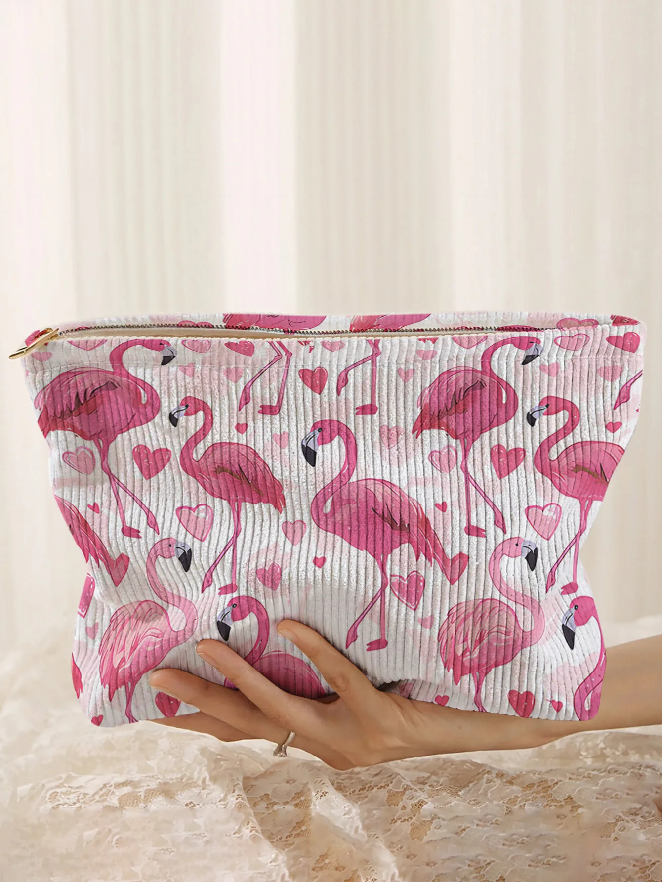 Flamingo patterned corduroy makeup bag, lightweight zipper pouch, multifunctional lined bag for cosmetics