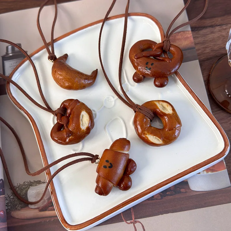 Premium Polymer Clay Croissant Pretzel Pendant Necklace Long Sweater Chain Handcrafted Minimalist Gift Standard Length Brown