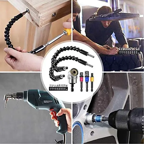 Hex Shank 2pcs Bendable Drill Bit Extension, 3pcs 1/4 3/8 1/2" Universal Socket Adapter,105 Right Angle Drill Extension set