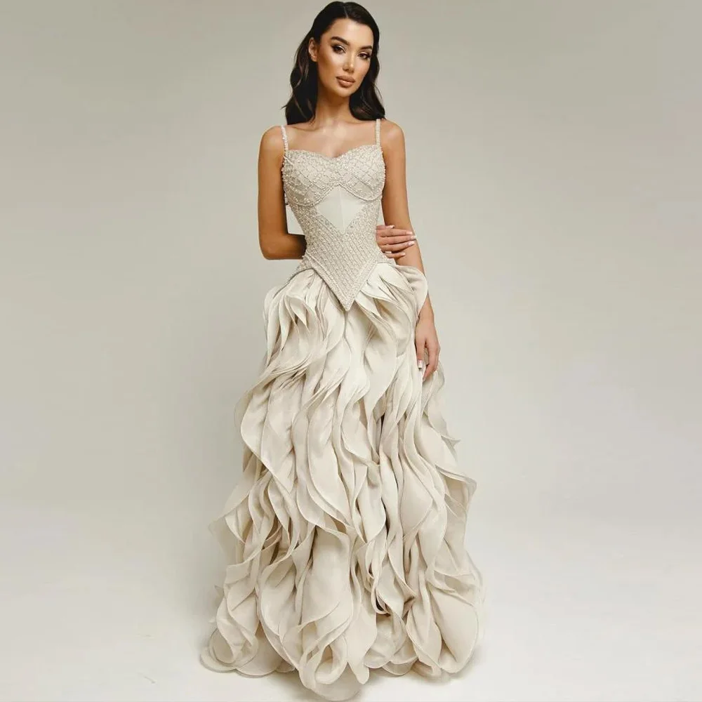 Customized Spaghetti Straps Elegant Saudi Arabia Evening Dresses High Quality Bespoke Occasion Gown Exquisite Organza Prom Dress