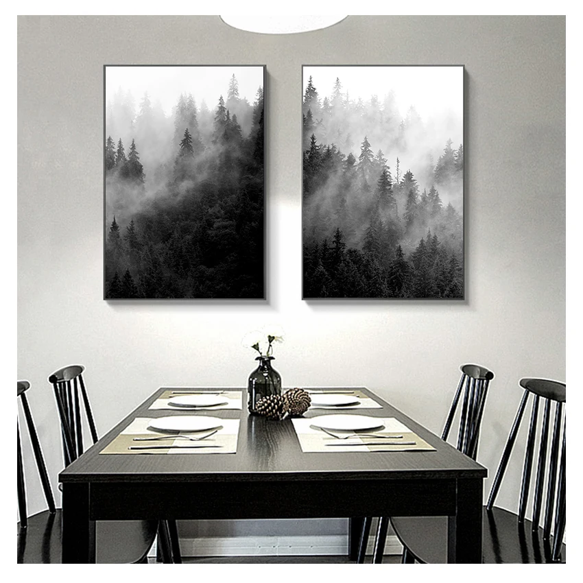 Black and White Tree Posters Foggy Forest Landscape Canvas Painting Wall Picture Living Room Decor Nature Prints Art