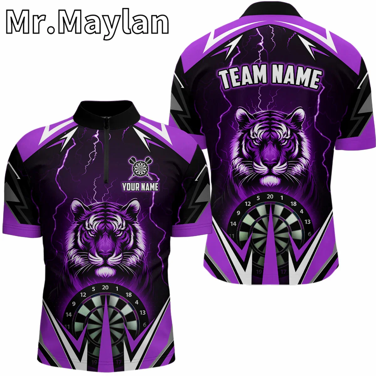 

Personalized Tiger 3D Printed Darts Zipper Polo Shirts For Men And Women Custom Thunder Lightning Purple Darts Team Jersey