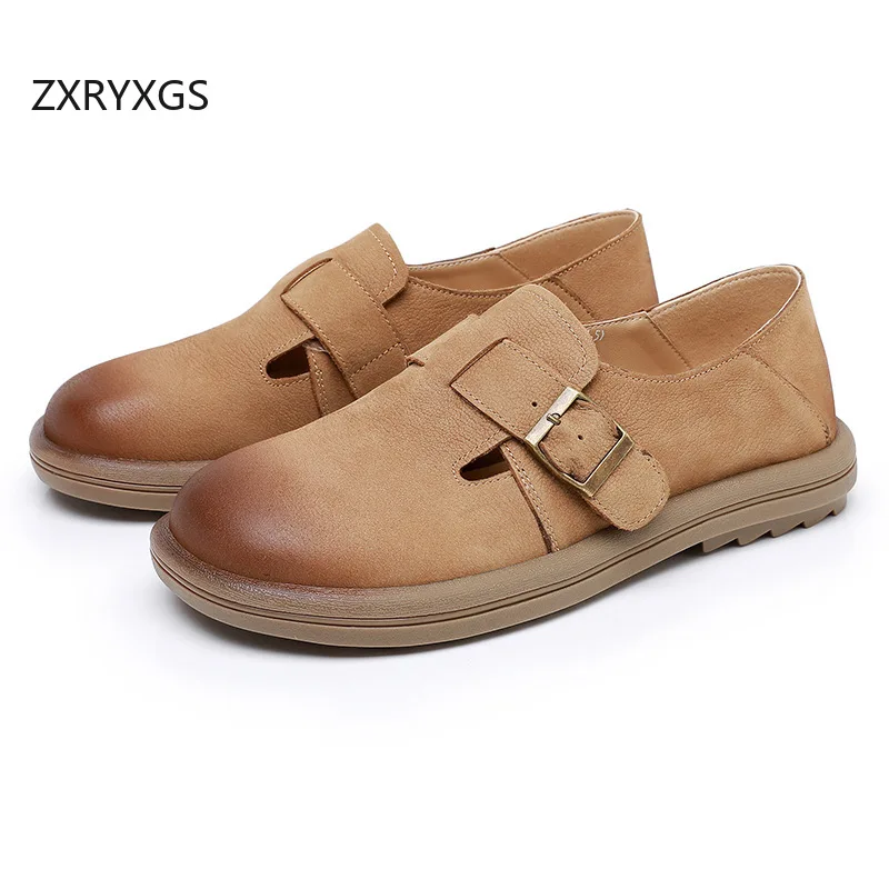 

ZXRYXGS, хит продаж, новинка 2025, весенние римские туфли из натуральной кожи с круглым носком, женские туфли на плоской подошве, мягкие удобные лоферы с пряжкой