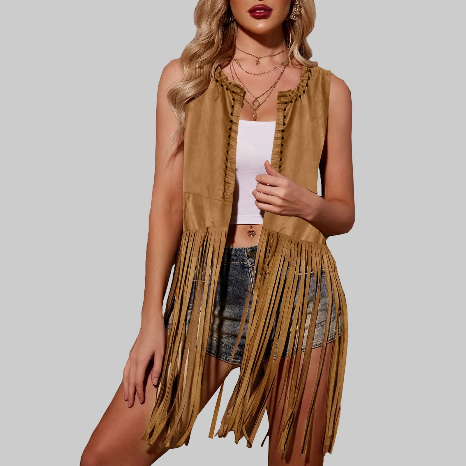 

Women's Hippy Sleeveless Solid Fringe Vest Necklace Glasses Earrings Women's Fashion New Style Cardigan Jacket 4 Piece Set