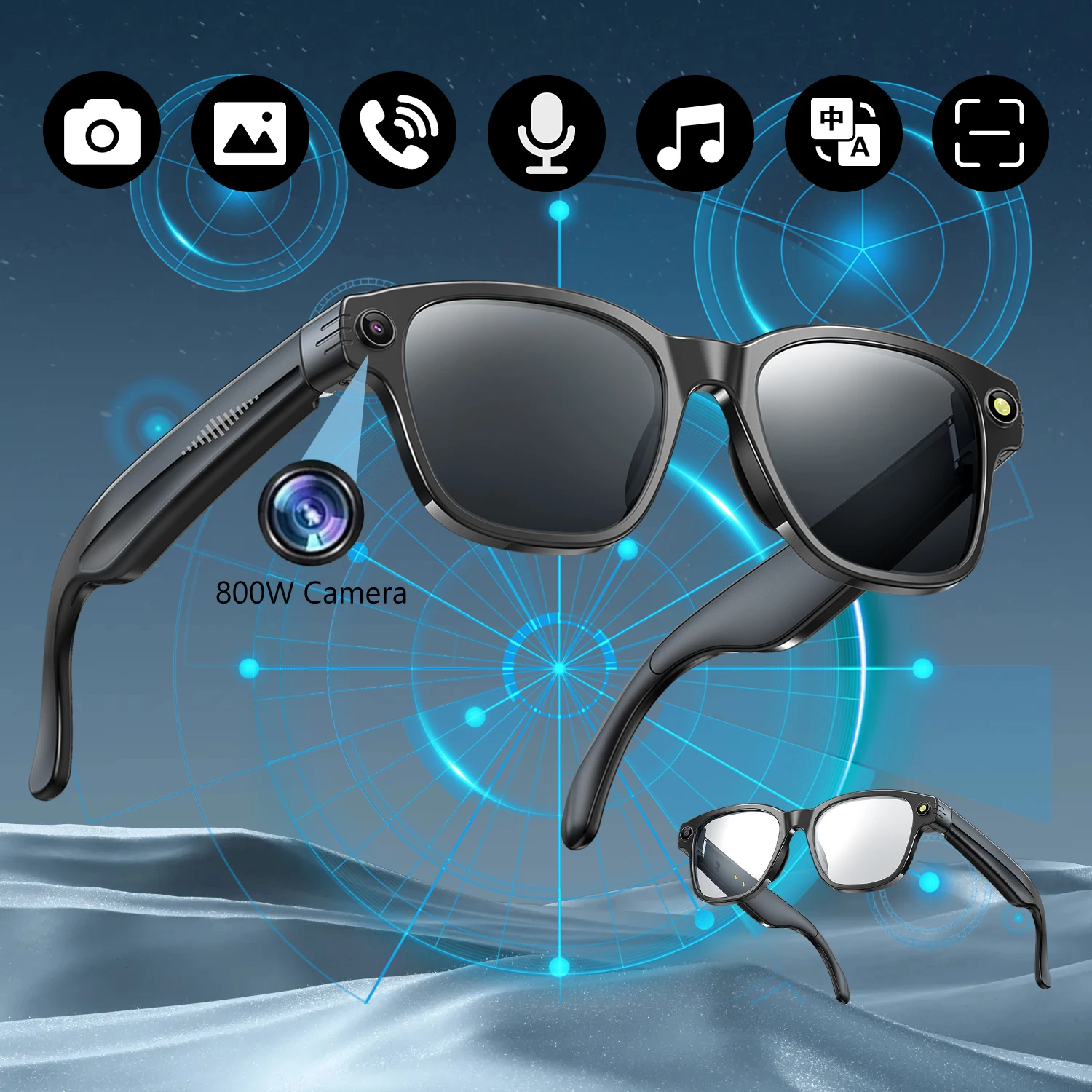 

Smart Glasses with 800W Camera BT Call Voice Assistant Anti-blue UV Sunglasses Intelligent Translation Glasses with Mic Speaker