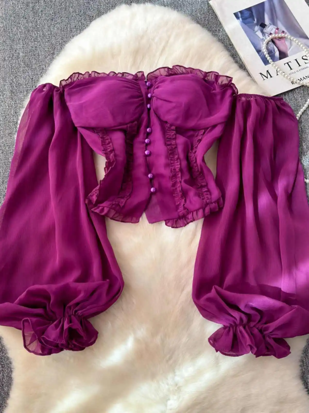 

Spring Slimfit Ladies' Chiffon Shirt Backless Solid Color Commuting Long Sleeves Korean Style Simple Pullover Boob Tube Tops