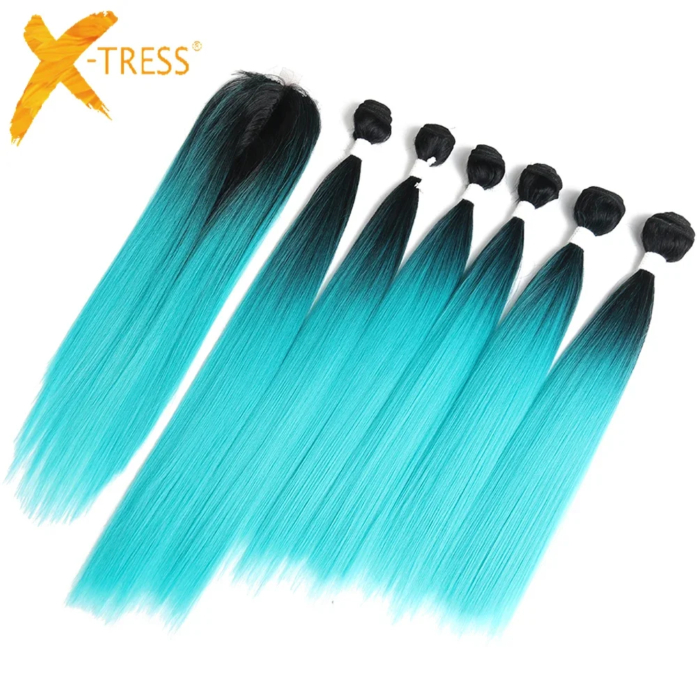 Fasci di capelli sintetici di colore verde menta Ombre con chiusura in pizzo 14-18 pollici 6 Bundle X-TRESS estensioni di tessitura dei capelli lisci Yaki