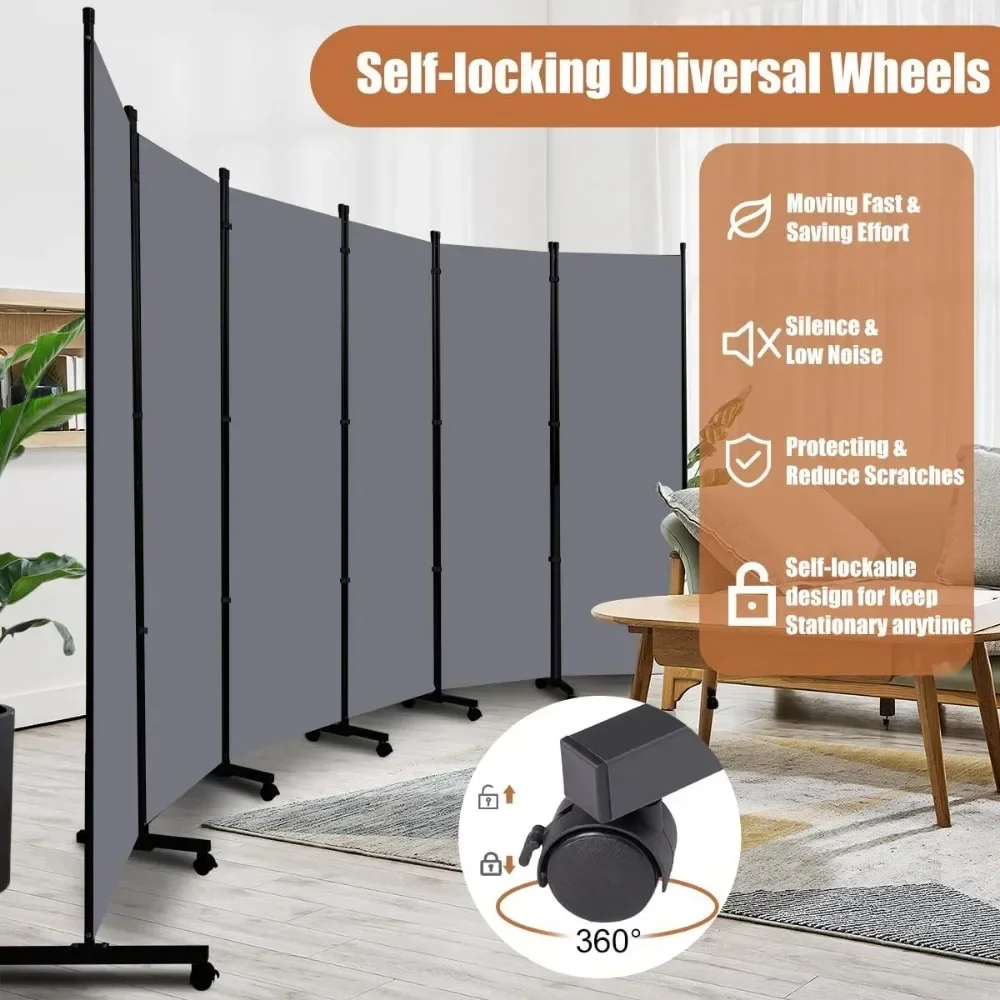 132 '' Partition Room Dividers and Foldable Privacy Screen 6-panel Wall Dividers, Independent Fabric Room Dividers with Wheels