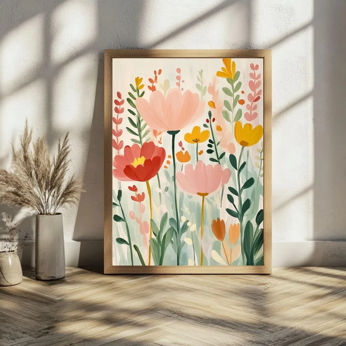 1pc frameless Canvas Painting Bright Abstract Flower Botanical Wall Art Spring Floral Printable Poster Modern Pink and Green Pri