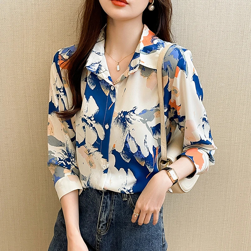 

2024 New Retro Floral Printed Shirt Turndown Collar Long sleeved Blouse Women Single-breasted Casual Tops