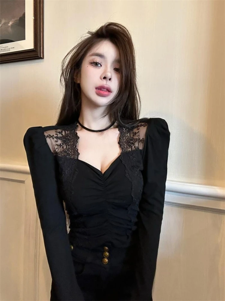 

Модная кружевная лоскутная футболка с V-образным вырезом и длинным рукавом для женщин, облегающая, укороченная, осенне-зимняя, чисто соблазнительная, для ношения как нижний слой