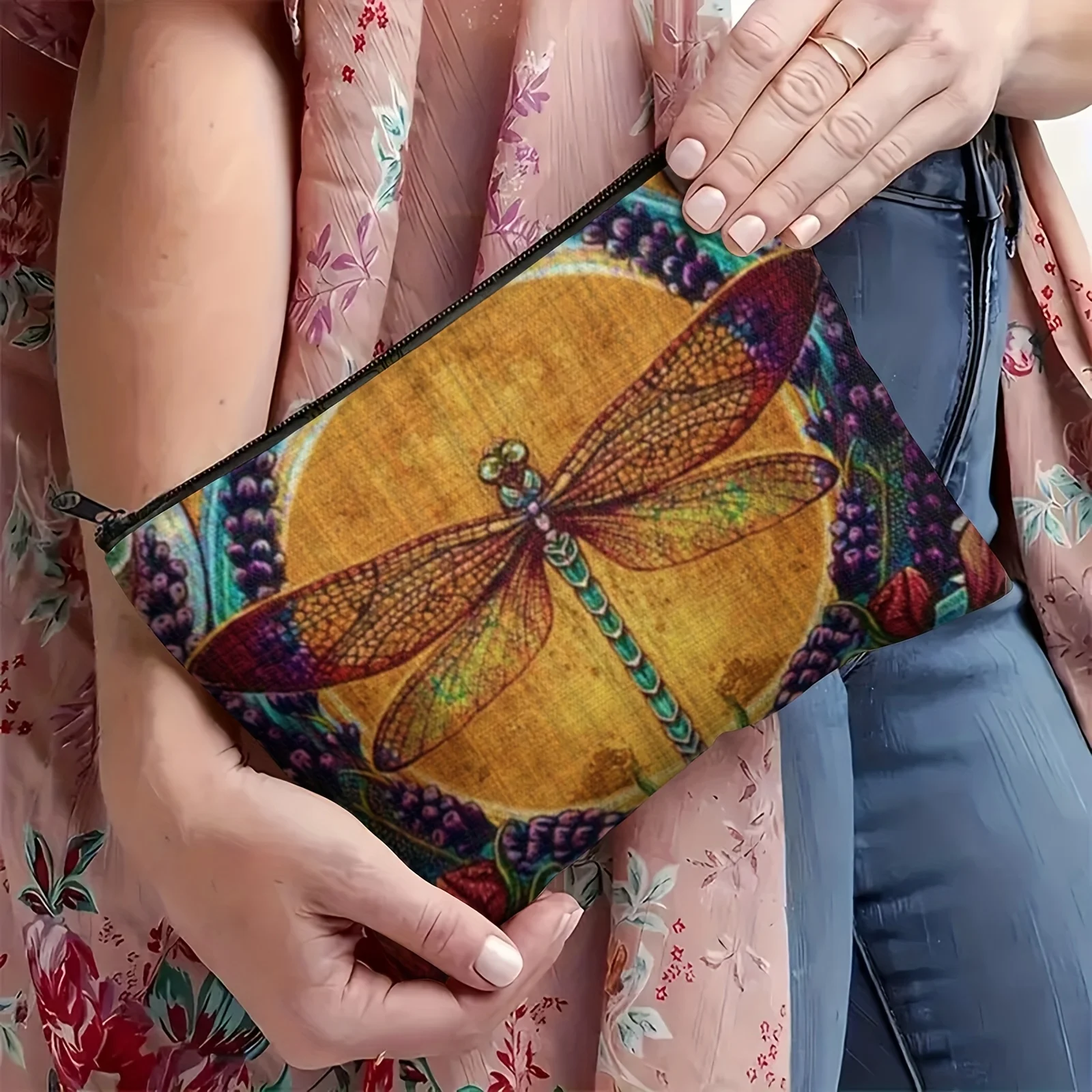 Vintage Bohemian Dragonfly Makeup Bag - Colorful Zipper Pouch with Mandala & Floral Design